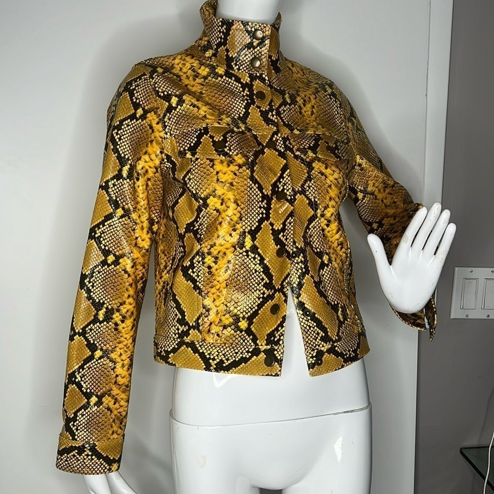 Yellow Black Sz 6-8 Python Snakeskin Bomber Snap Front Standing Collar Jacket
